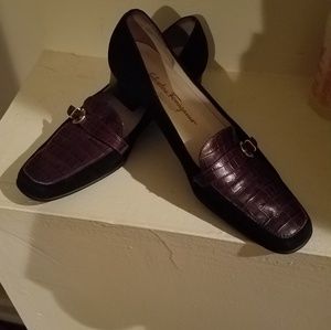 Ladies ferragamo black suede shoes